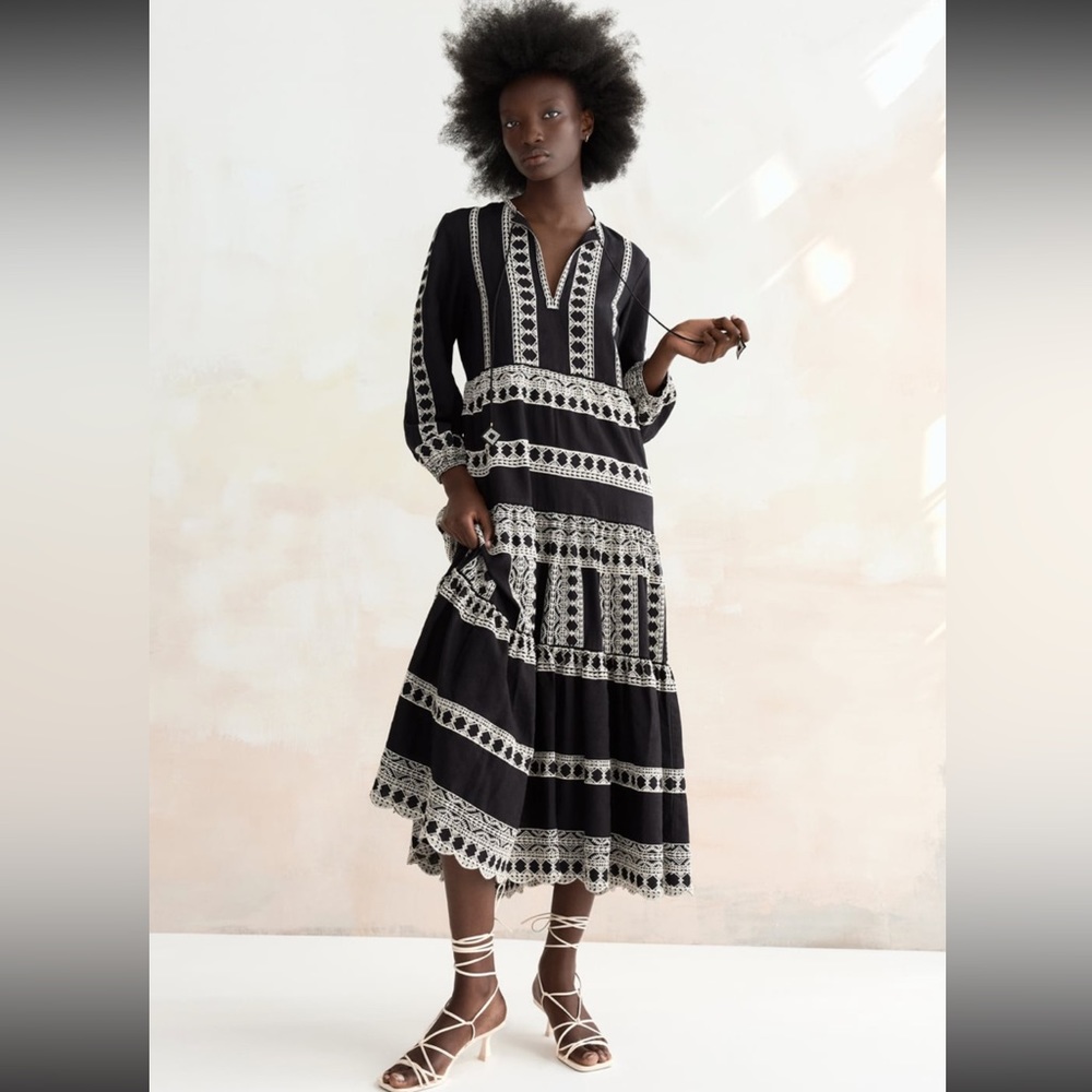 NWT Zara Black & White Boho Midi Dress Embroidered V-Neck Tiered Skirt